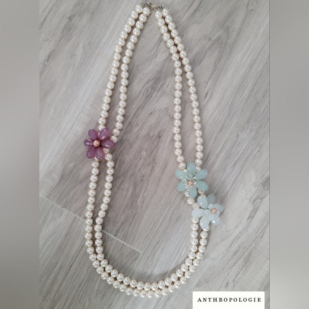 ANTHROPOLOGIE Long Double Strand Pearl Necklace with Flower Insets - 18.5" Long